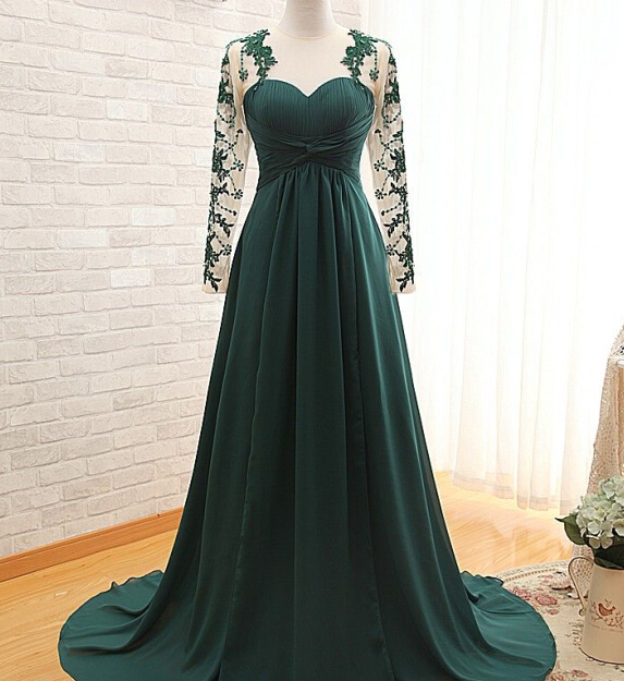 green long sleeve formal gown