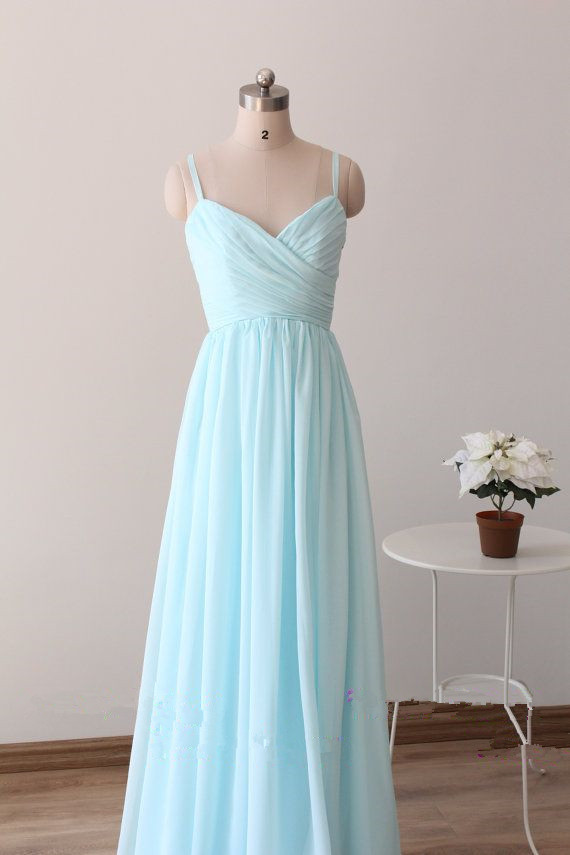 Pretty Light Blue Straps Long Prom Dresses, Light Blue Bridesmaid