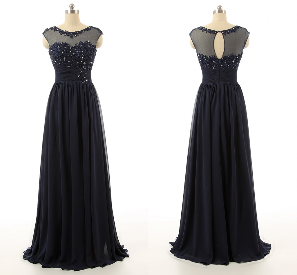 Navy Blue Floor Length Chiffon A Line Prom Dress Featuring Lace Appliqués And Beaded Embellished