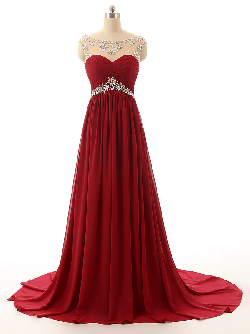 Pretty Chiffon Wine Red Long Beaded Prom Dresses, Burgundy Prom Dress