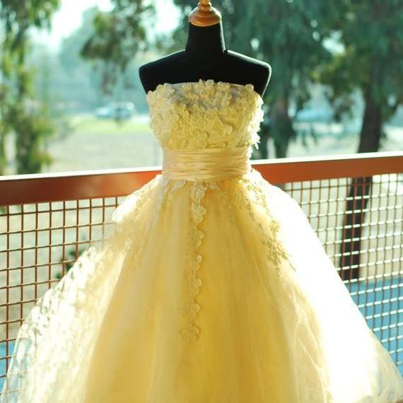 Handmade Cute Yellow Ball Gown Prom Dress With Applique, Cute Prom Dresses, Ball Gown Formal