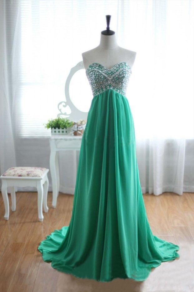 High Quality Chiffon Sweetheart Green Long Prom Dresses With Beadings