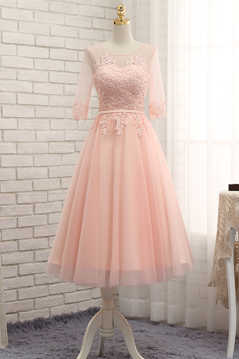 Cute Light Pink Tea Length Tulle Prom Dresses Lace Up Party Dresses Pink Short Prom Dress On 